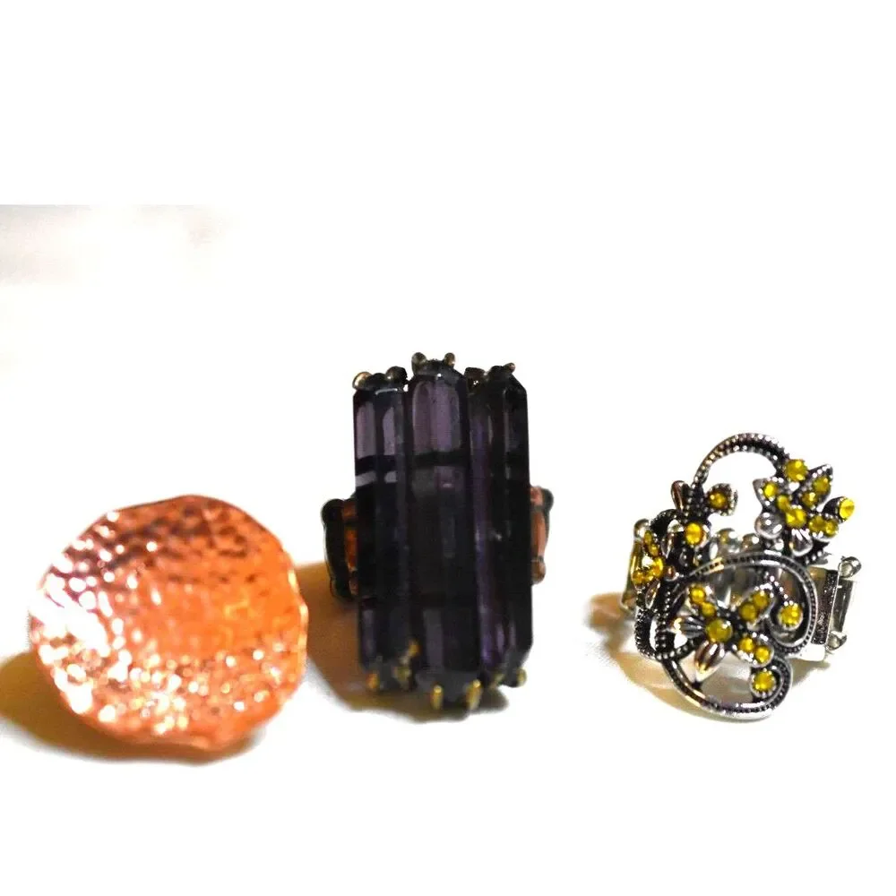 Set Of 3 Copper Rhinestone/ Purple Glass / Filigree Green Crystal Stretch Rings